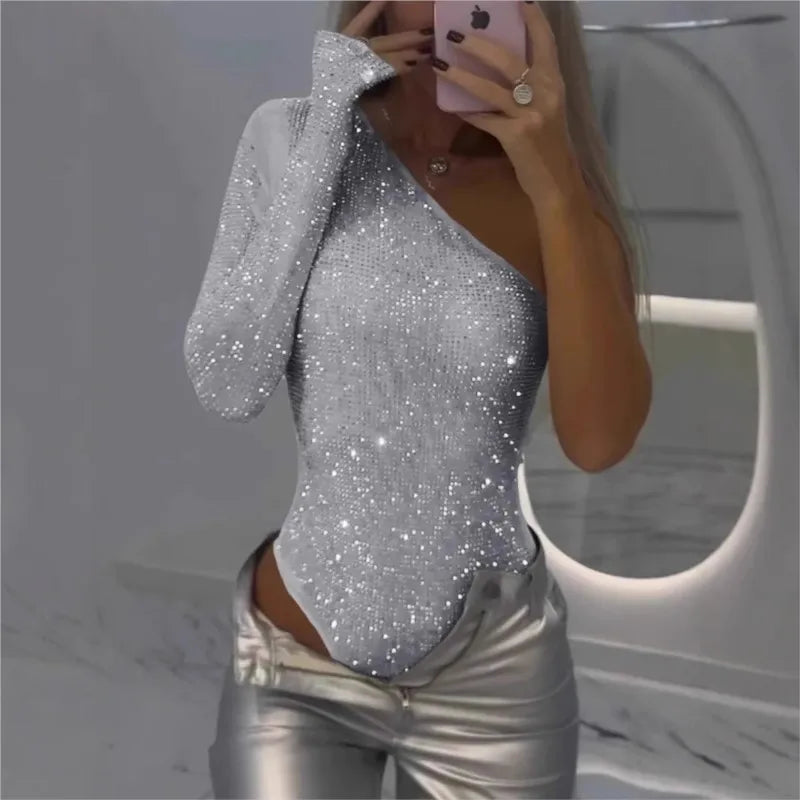 Celesta One-Shoulder Sparkle Bodysuit