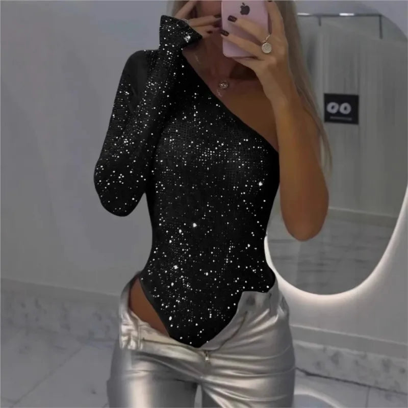 Celesta One-Shoulder Sparkle Bodysuit