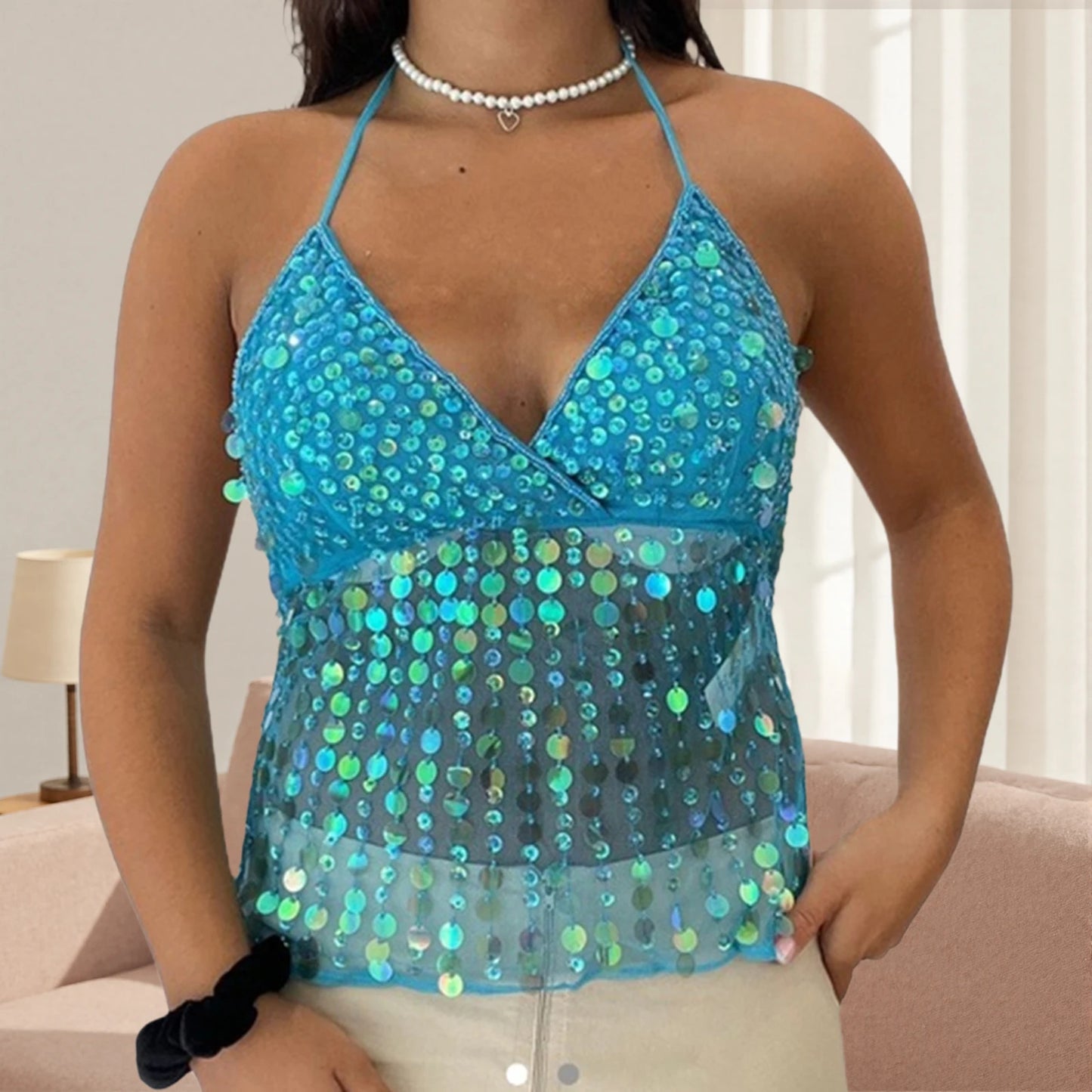 Angelica Sequin Sheer Halter Top