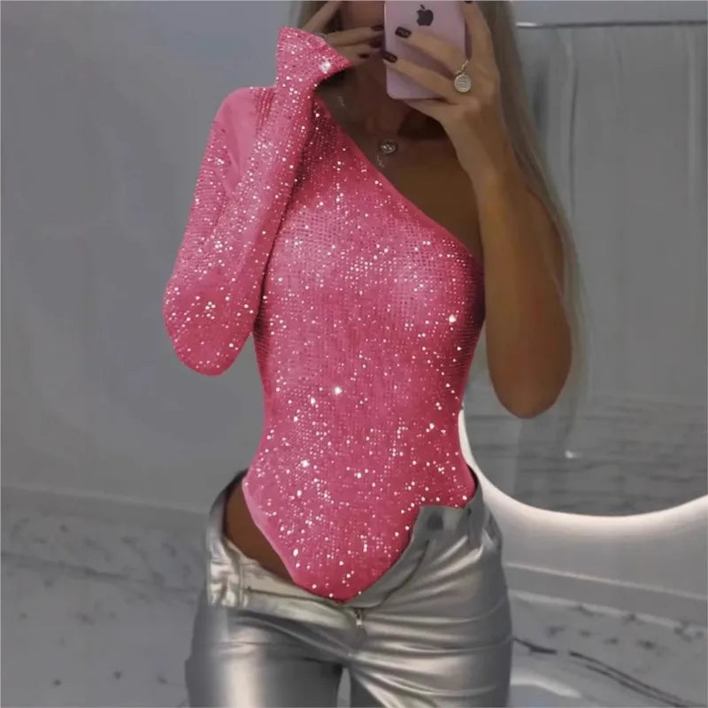 Celesta One-Shoulder Sparkle Bodysuit