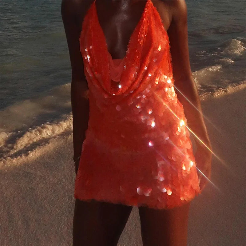 Danielle Sequin Halter Cowl Mini Dress