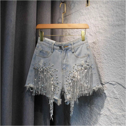 Lyla Beaded Fringe Denim Shorts