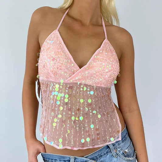 Angelica Sequin Sheer Halter Top